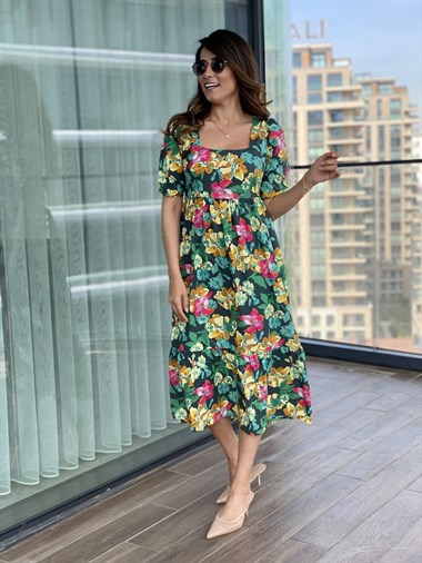 Yeşil Çiçekli Kare Yaka Robadan Viskon Elbise