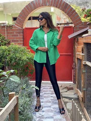 Yeşil Çift Cepli Flam Keten Kadın Gömlek