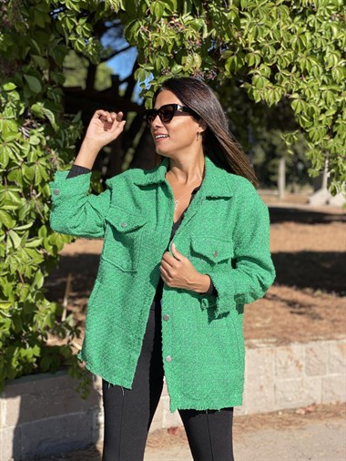 Yeşil Çift Cepli Şönil Gabardin Kadın Gömlek