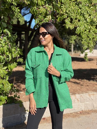 Yeşil Çift Cepli Şönil Gabardin Kadın Gömlek
