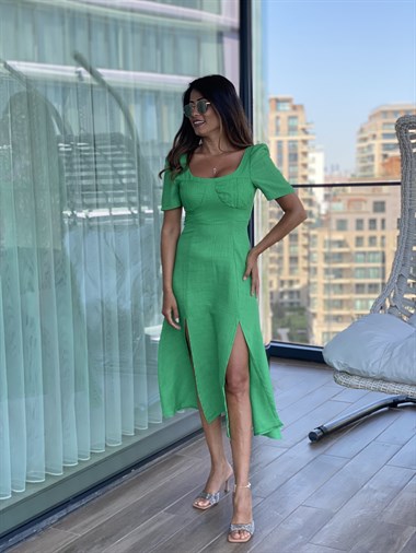 Yeşil Çift Yırtmaçlı U Yaka Keten Dokulu Kadın Elbise