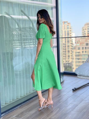 Yeşil Çift Yırtmaçlı U Yaka Keten Dokulu Kadın Elbise