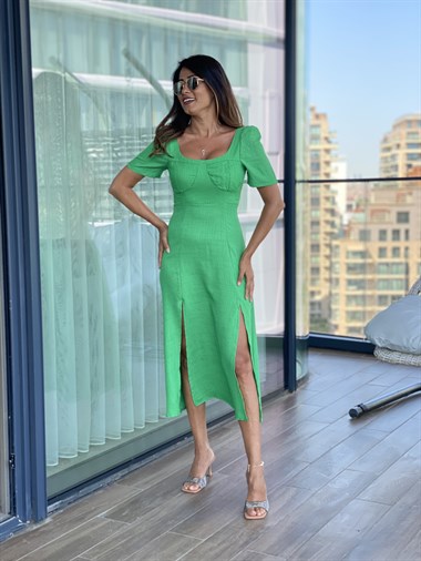 Yeşil Çift Yırtmaçlı U Yaka Keten Dokulu Kadın Elbise