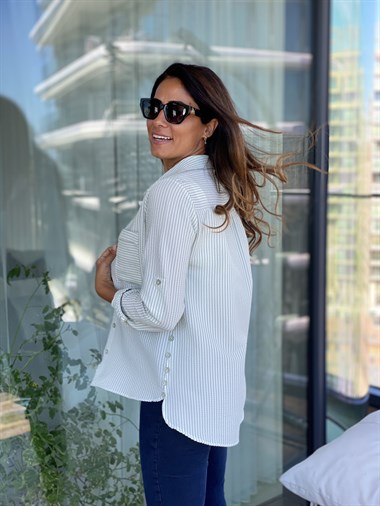 Yeşil Çizgili Gofre Kadın Gömlek