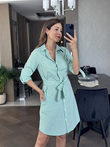 Yeşil Çizgili Kuşaklı Poplin Kadın Gömlek Elbise
