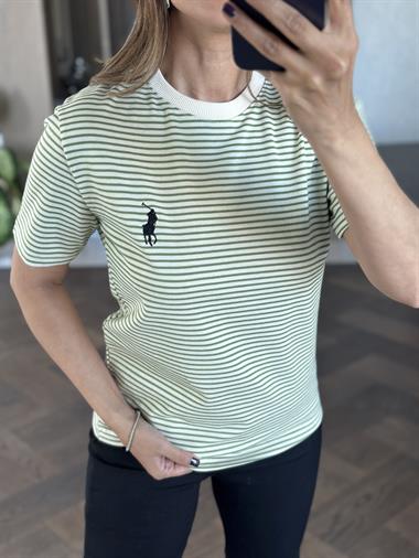 Yeşil Çizgili Nakışlı Bisiklet Yaka Kadın T-Shirt
