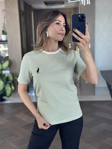 Yeşil Çizgili Nakışlı Bisiklet Yaka Kadın T-Shirt