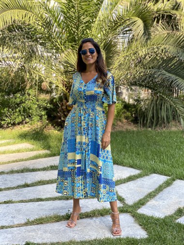 Yeşil Desen Brit Düğmeli Viskon Kadın Elbise