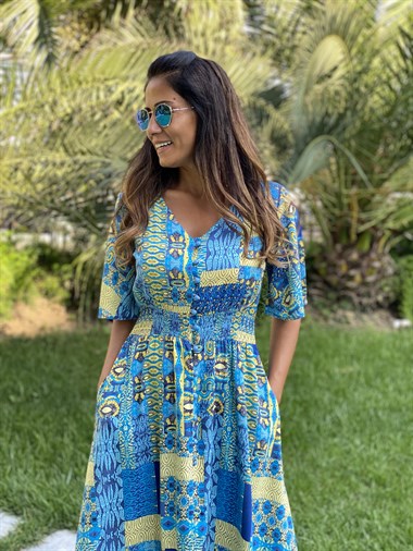 Yeşil Desen Brit Düğmeli Viskon Kadın Elbise