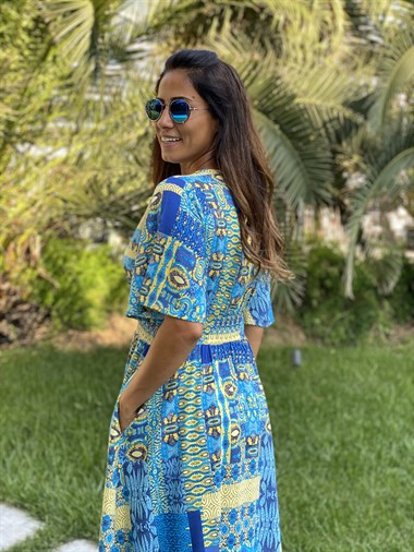 Yeşil Desen Brit Düğmeli Viskon Kadın Elbise