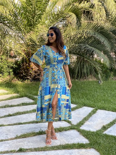 Yeşil Desen Brit Düğmeli Viskon Kadın Elbise