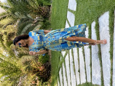 Yeşil Desen Brit Düğmeli Viskon Kadın Elbise