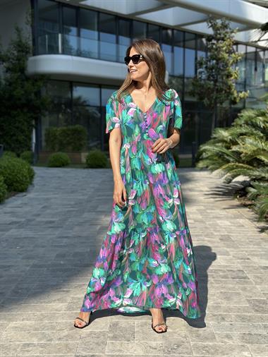 Yeşil Desenli V Yaka Brit Düğmeli Maksi Kadın Elbise