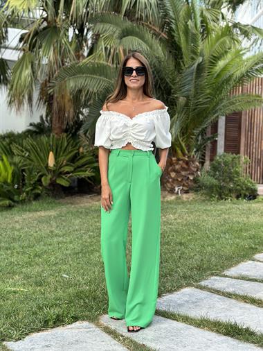 Yeşil Dökümlü Krep Aerobin Palazzo  Kadın Pantolon