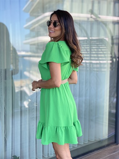 Yeşil Eteği Ve Kolları Volanlı Belden Lastikli Kadın Elbise