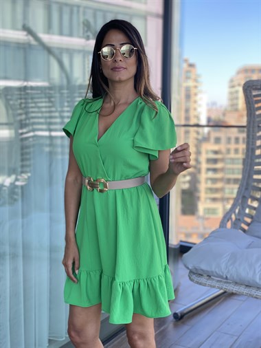 Yeşil Eteği Ve Kolları Volanlı Belden Lastikli Kadın Elbise