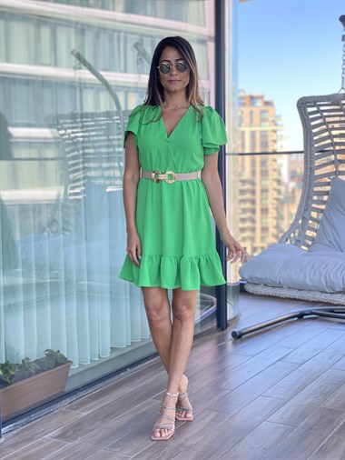 Yeşil Eteği Ve Kolları Volanlı Belden Lastikli Kadın Elbise
