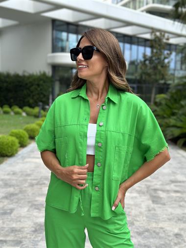 Yeşil Gabardin Kısa Kol Gömlek Pantolon Kadın İkili Takım