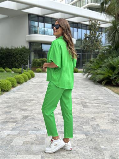 Yeşil Gabardin Kısa Kol Gömlek Pantolon Kadın İkili Takım