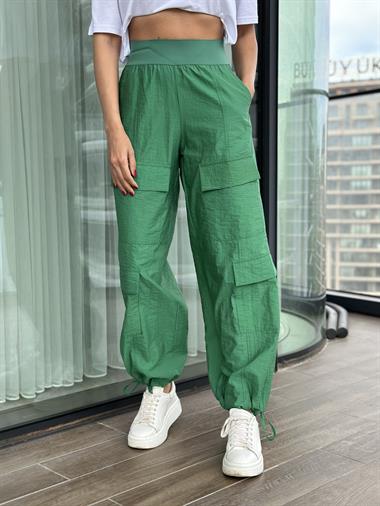 Yeşil Geniş Lastikli Kargo Cep Paraşüt Kadın Pantolon