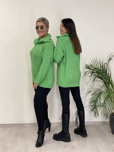 Yeşil Geniş Yaka Fermuarlı Triko Kadın Kazak