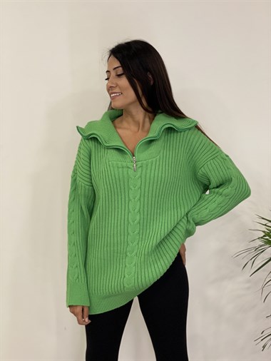 Yeşil Geniş Yaka Fermuarlı Triko Kadın Kazak