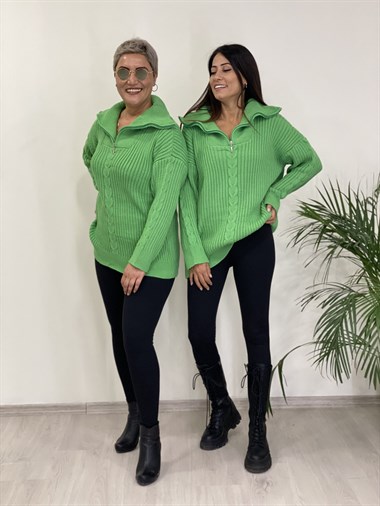 Yeşil Geniş Yaka Fermuarlı Triko Kadın Kazak