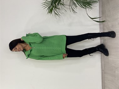 Yeşil Geniş Yaka Fermuarlı Triko Kadın Kazak