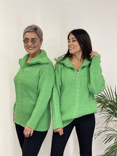 Yeşil Geniş Yaka Fermuarlı Triko Kadın Kazak