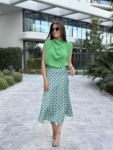 Yeşil Geometrik Desen Beli Lastikli Saten Kadın Etek