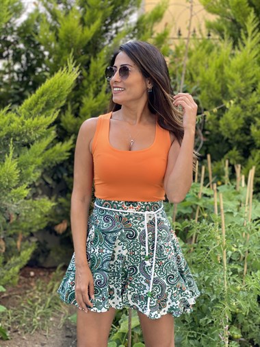 Yeşil Halat  Kemerli  Şal Desen Kadın Şortlu Etek