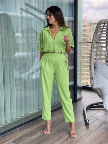 Yeşil Hasır Kemerli Yarasa Kol Kadın Tulum