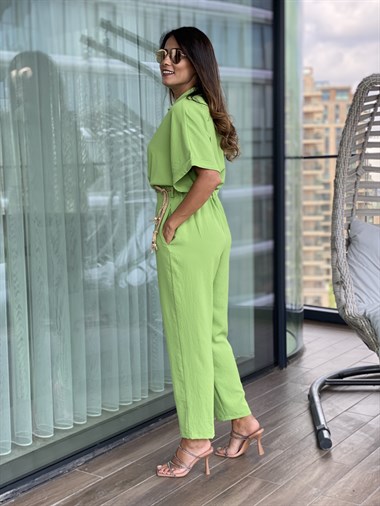 Yeşil Hasır Kemerli Yarasa Kol Kadın Tulum