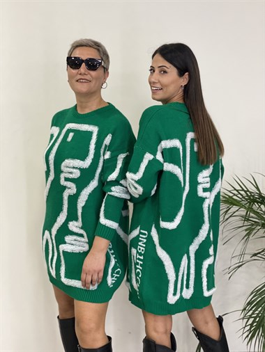 Yeşil Kabartma Dokulu Oversize Kadın Triko Kazak