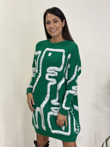 Yeşil Kabartma Dokulu Oversize Kadın Triko Kazak