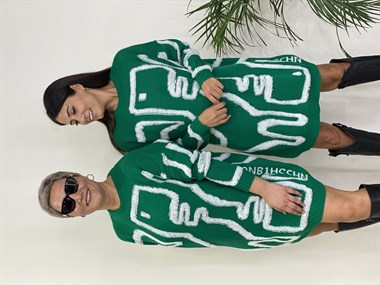 Yeşil Kabartma Dokulu Oversize Kadın Triko Kazak