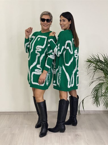 Yeşil Kabartma Dokulu Oversize Kadın Triko Kazak