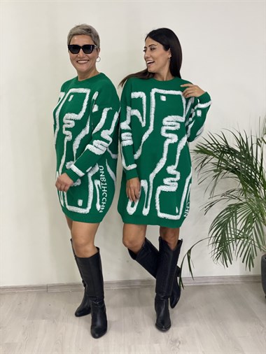 Yeşil Kabartma Dokulu Oversize Kadın Triko Kazak