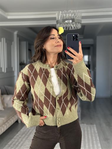 Yeşil Kahverengi Baklava Desen Bisiklet Yaka Kadın Triko Hırka