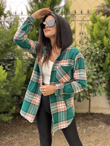 Yeşil Kapüşonlu Ekose Kadın Gömlek