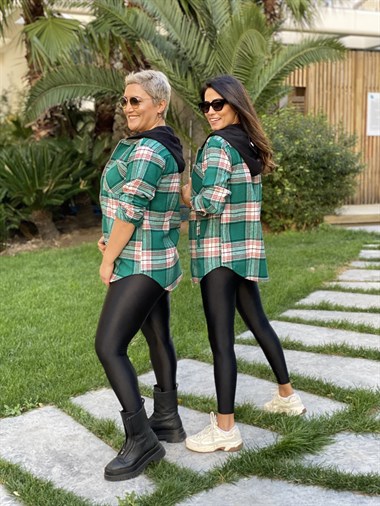 Yeşil Kapüşonlu Ekose Kadın Gömlek