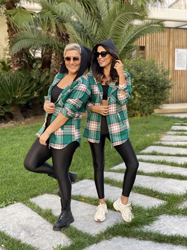 Yeşil Kapüşonlu Ekose Kadın Gömlek