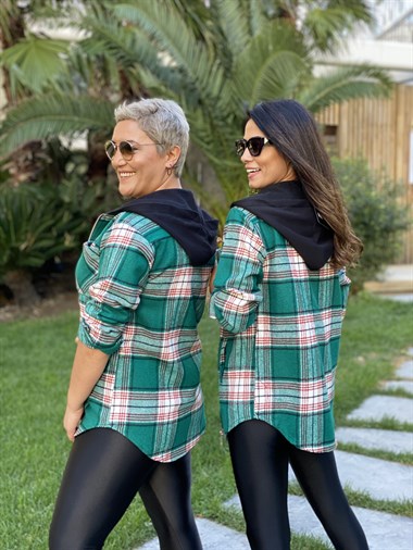 Yeşil Kapüşonlu Ekose Kadın Gömlek