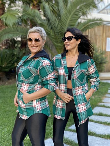 Yeşil Kapüşonlu Ekose Kadın Gömlek