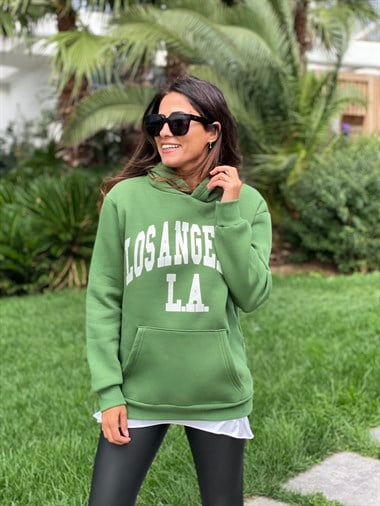 Yeşil Kapüşonlu Los Angeles Baskılı Kadın Sweatshirt