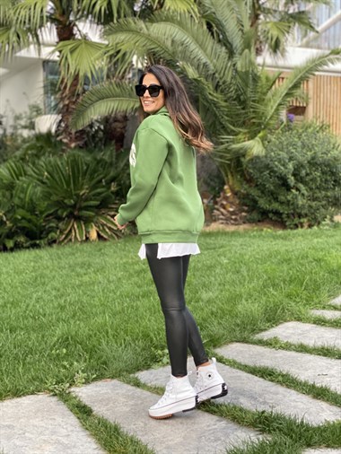 Yeşil Kapüşonlu Los Angeles Baskılı Kadın Sweatshirt