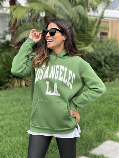 Yeşil Kapüşonlu Los Angeles Baskılı Kadın Sweatshirt