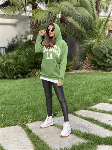 Yeşil Kapüşonlu Los Angeles Baskılı Kadın Sweatshirt