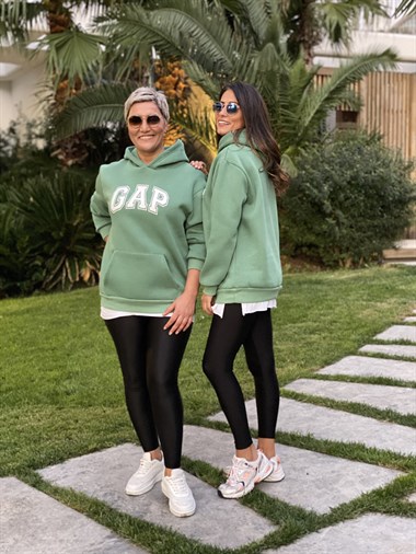 Yeşil Kapüşonlu Marka Baskılı Kadın Sweatshirt