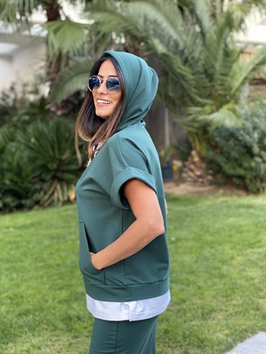 Yeşil Kapüşonlu Sweatshirt Etek Kadın İkili  Takım
